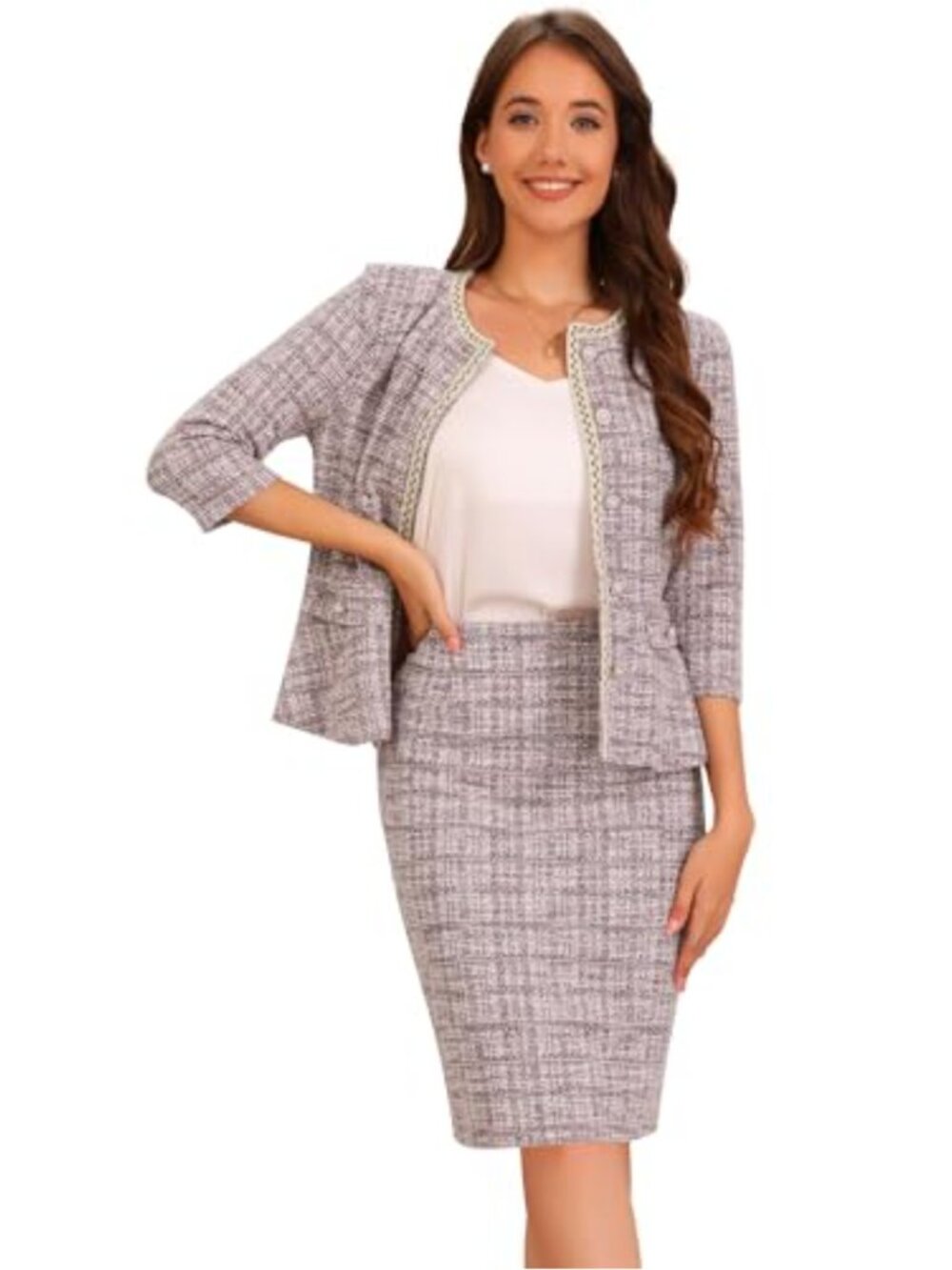 Tweed 2 Piece Skirt Suit Set Button Down 3/4 Sleeve Business Casual Outfit